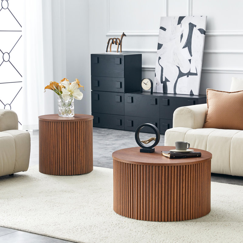 Ensemble de 2 tables basses gigognes avec rangement, colonne romaine ronde, tables de salon en grain de bois noyer