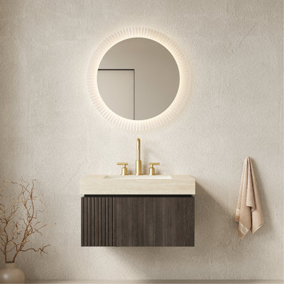 30" Bathroom Vanity&Sink, Floating Plywood Storage Cabinet with Drawer&Door, Roma Travertine Sintered Stone Top&Ceramic Basin with 3 Pre-drilled Faucet Holes, Pre-assembled, Espresso Woodgrain