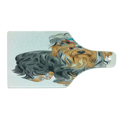 Ambesonne Yorkie Tempered Glass Cutting Board Terrier with Bow Grey Apricot