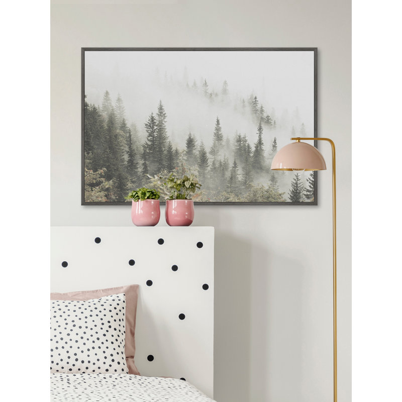 Pins et brouillard - Peinture sur toile, Toile grise avec cadre flottant, Aucun mat, L 18 po x H 12 po x P 1,5 po
