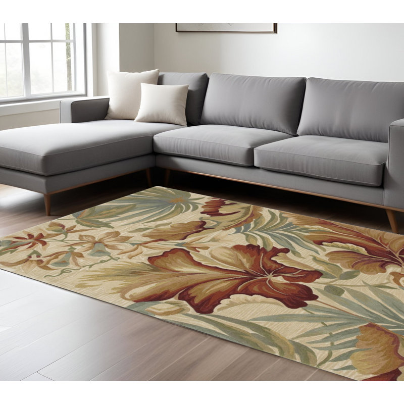 Tapis botanique tropical en laine touffeté à la main gris 9 pi x 12 pi