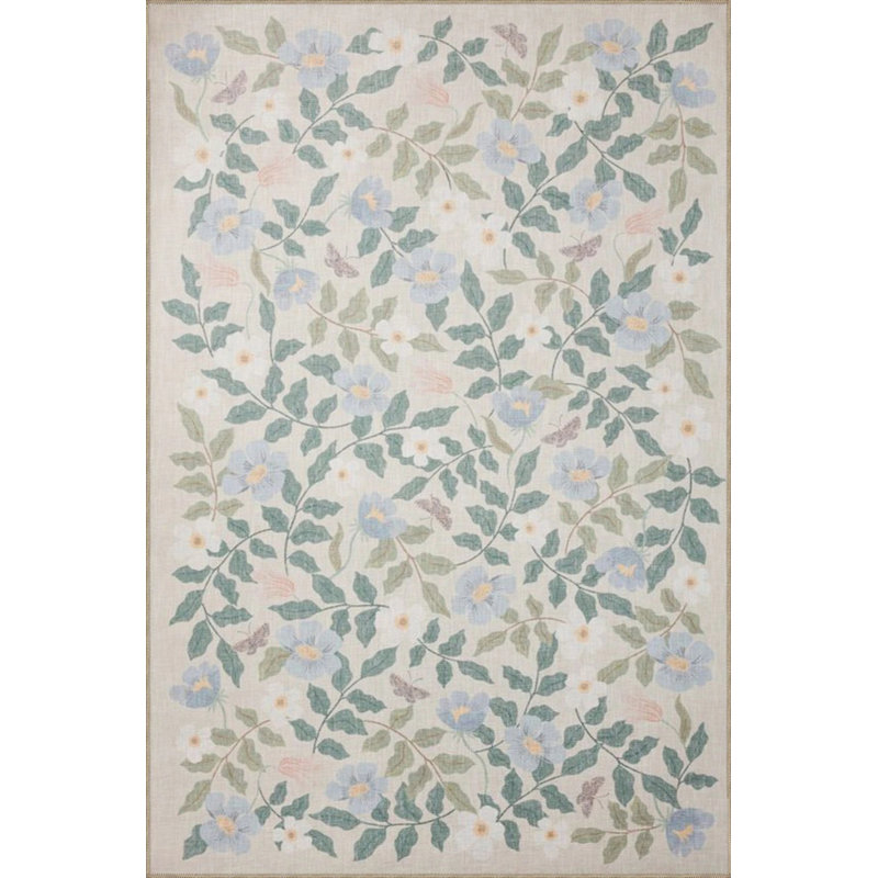 Floral Cream Woven Base Washable Carpet, Runner 2'6" x 6'7"