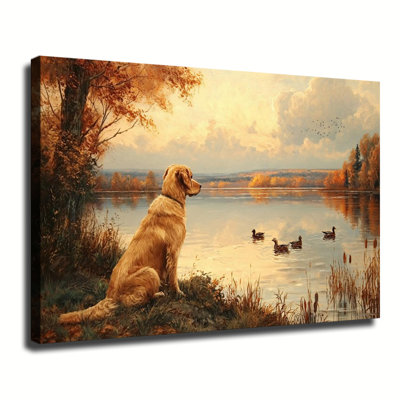 Golden Retriever Sitting By The Lake, Large Gallery Wrapped Canvas Wall Art Print for Living Room & Bedroom