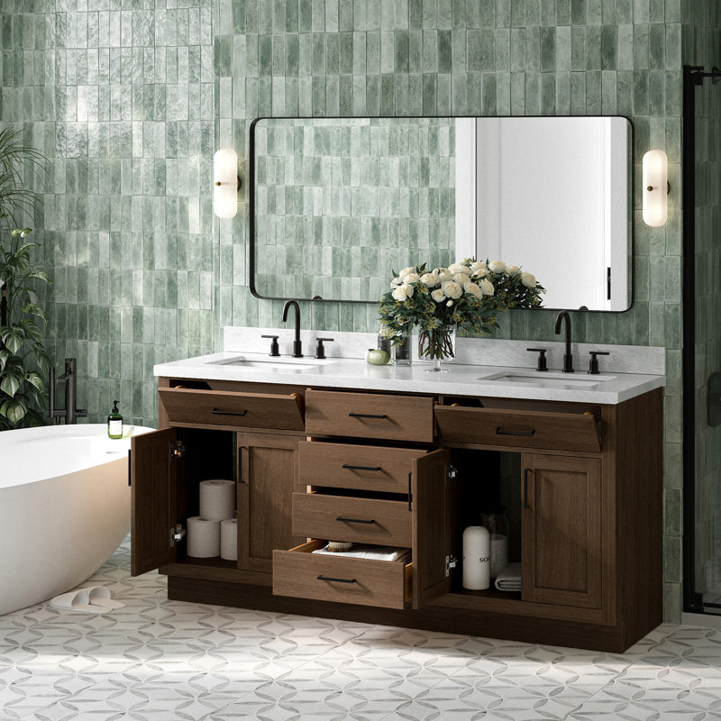 Meuble-lavabo double en bois massif Tidworth avec plateau en marbre de Carrare de 1,5 po, Forme rectangulaire, Chêne brun