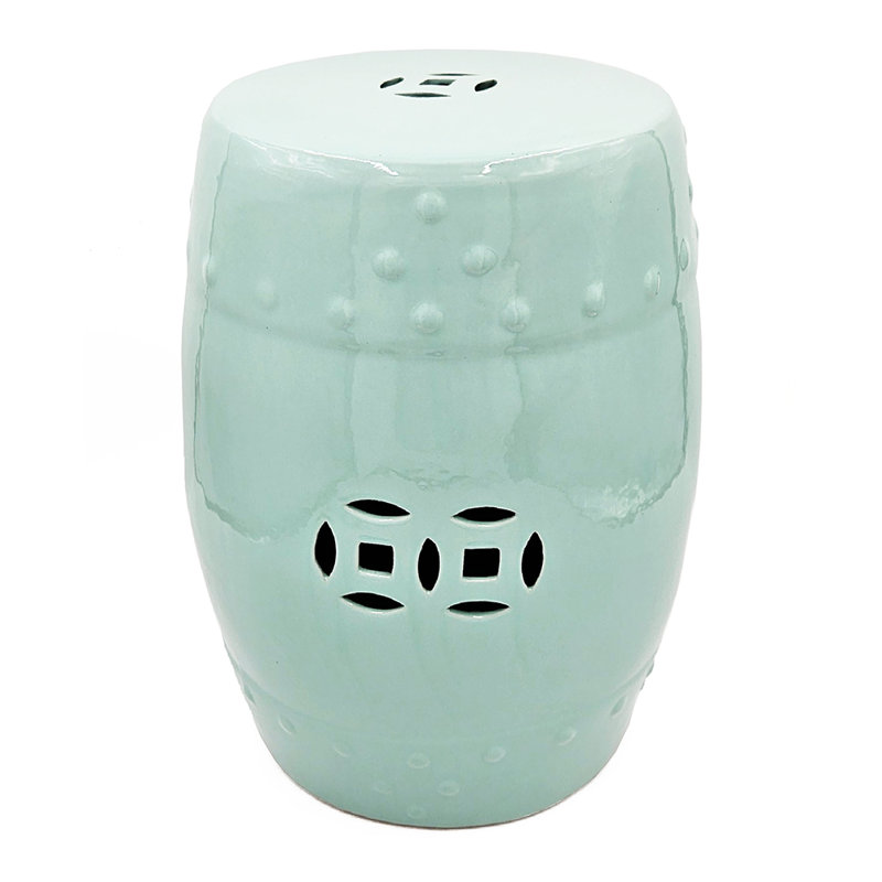 D13x18" Ceramic Barrel Stool With Cutout Design, Light Blue