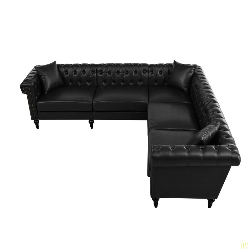 Canapé modulaire pour salon, canapé Chesterfield moderne réversible en forme de L avec accoudoirs roulés et têtes de clou, canapé capitonné à 5 places pour le similicuir en petit ou grand espace