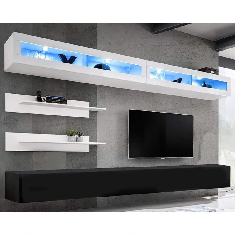 Waconia 126" Modern Floating Wall Mounted Entertainment Center with 16-Color LED Lighting, High Gloss Finish, White/Black