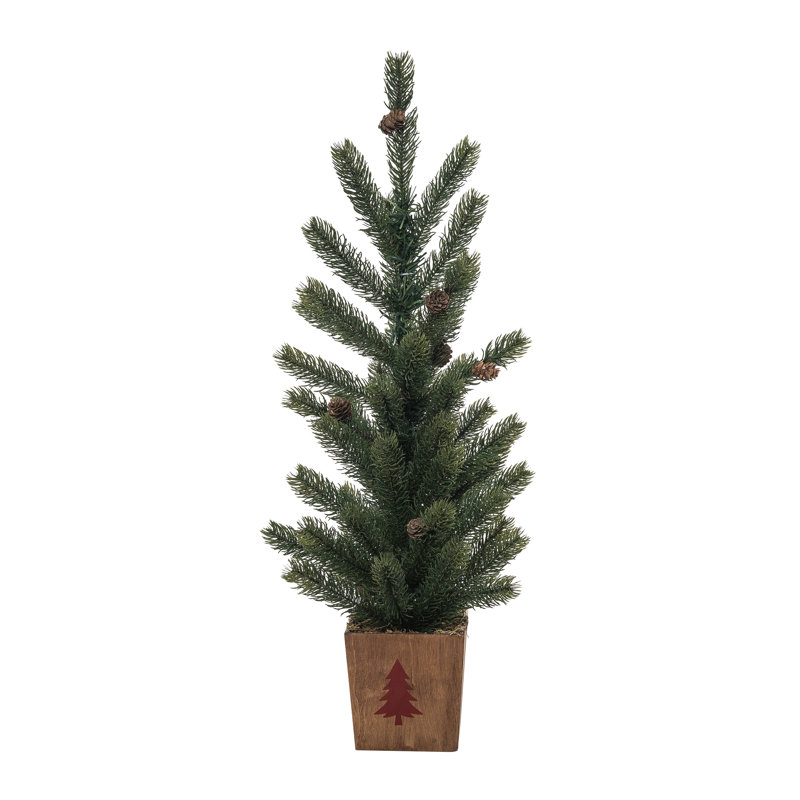 Arbre de Noël artificiel vert dans une boîte avec motif de timbres, H 30 po x l 12 po x P 12 po