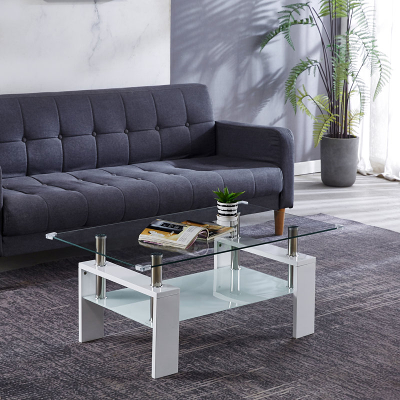 Table basse blanche avec plateau en verre trempé et pieds en acier inoxydable pour le salon | Idée de cadeau