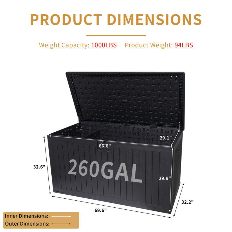 260 Gallon Resin Outdoor Deck Box Waterproof, 32.68" H x 69.68" W x 32.28" W