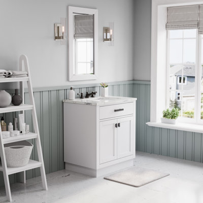 Hartford 30" Carrara White Marble Countertop Bath Vanity in Pure White with Mirror