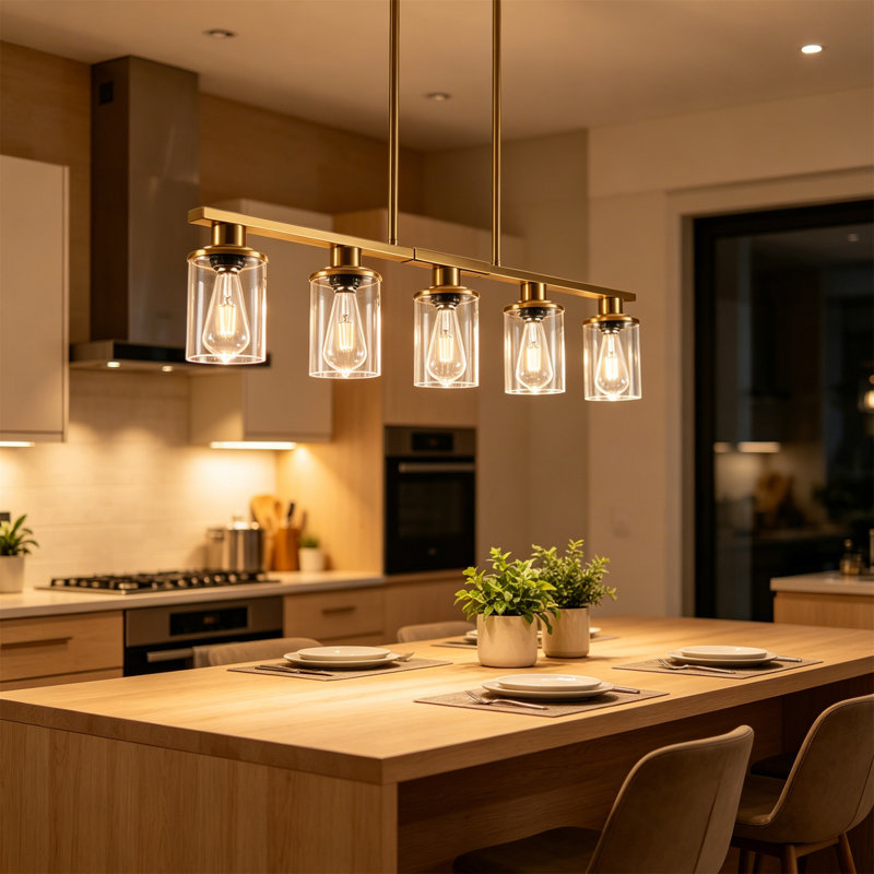 Luminaire suspendu 5 lumières pour îlot de cuisine avec abat-jour en verre transparent, hauteur réglable, Doré