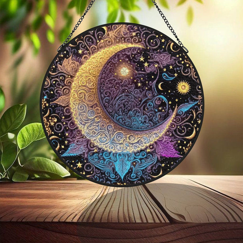 Panneaux de vitrail en forme de croissant de lune et d'étoiles, attrape-soleil pour la décoration de fenêtre