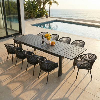 10 - Person Rectangular Extendable Outdoor Patio Dining Set With Stackable Wicker Dining Chair