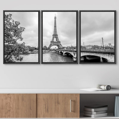 Architecture Building " Paris Eiffel Tower From Seine. Cityscape In Black And White " 3 - Pieces