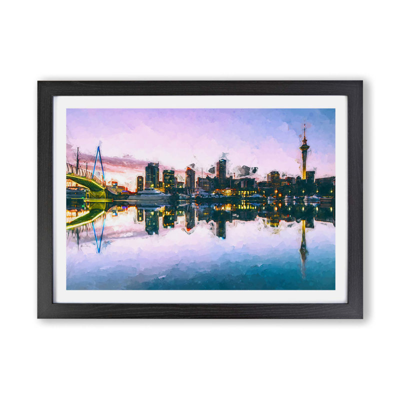 Auckland Skyline in New Zealand - Framed Print, 62cm H x 87cm W x 2cm D, Black