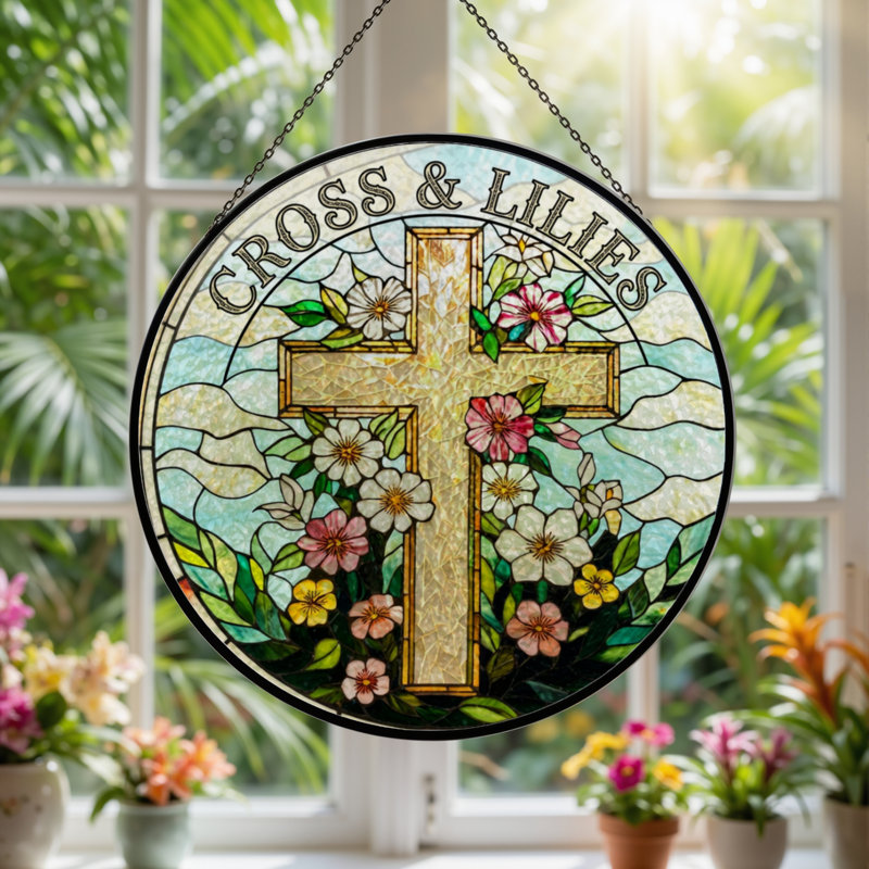 7.8"H Cross Lilies Stained Glass Window Panel, 7.8" H x 7.8" W