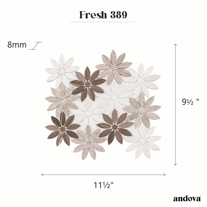 Fresh 12" x 10" Glass/Stone/Aluminum Flower Pattern Mosaic Wall Tile, Vloom