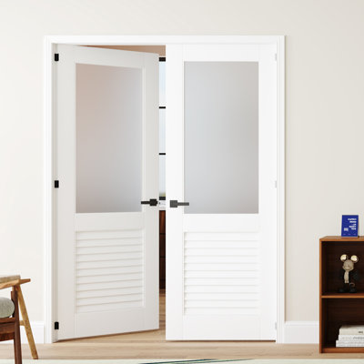 Interior Pantry Doors White Louvered Design Half Lite Frosted Glass Interior Standard Door With Hardware & Handles & Frame