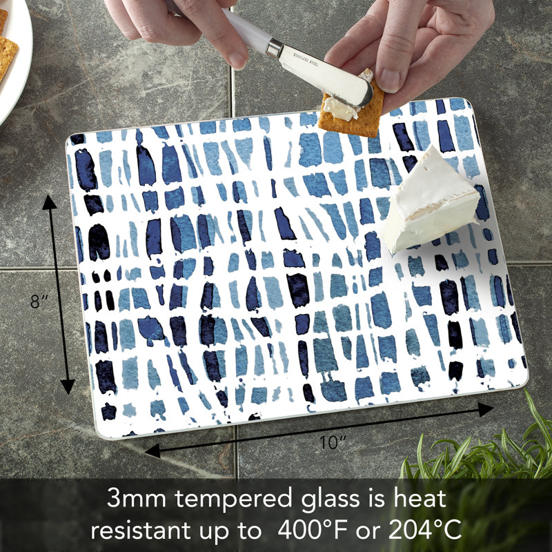 Indigo Wavy Lines Tempered Glass Cutting Board 10" x 8"