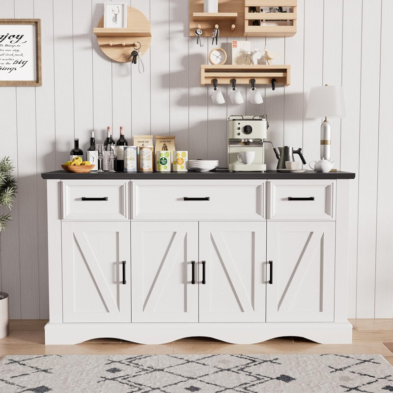 56" Wide 3 Drawer Sideboard Buffet, Farmhouse 4 Doors Credenza Storage Cabinets with Adjustable Shelves, White