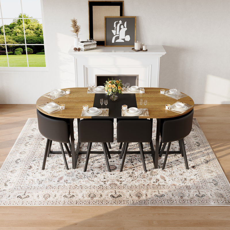 9-Piece Oval Dining Table Set, Fixed Two-Tone Wood Grain & Black Wood Grain Triamine Tabletop with 8 Black PU Leather Chairs, Modern Kitchen Table Set for 8 People, Ideal for Family Gatherings