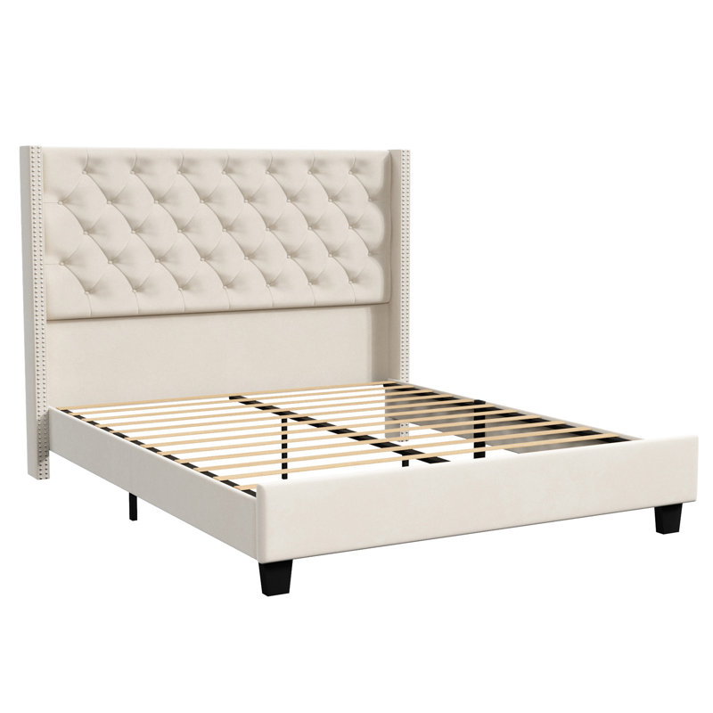 Meriton Wingback Upholstered , Metal frame, No Box Spring, Plywood Slats, Queen, Cream