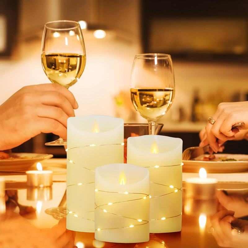LED Candles 4" 5" 6" Set of 3 Real Wax Light with Embedded Fairy Lights Realistic Flickering Flame Battery Operated Lantern with Remote Control and Timer