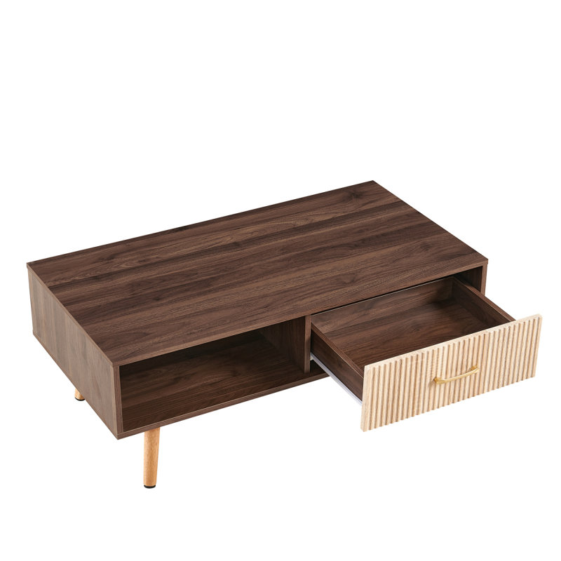 Table basse rectangulaire avec pieds en bois massif, tiroir coulissant pour le rangement, table moderne pour le salon, couleur noyer