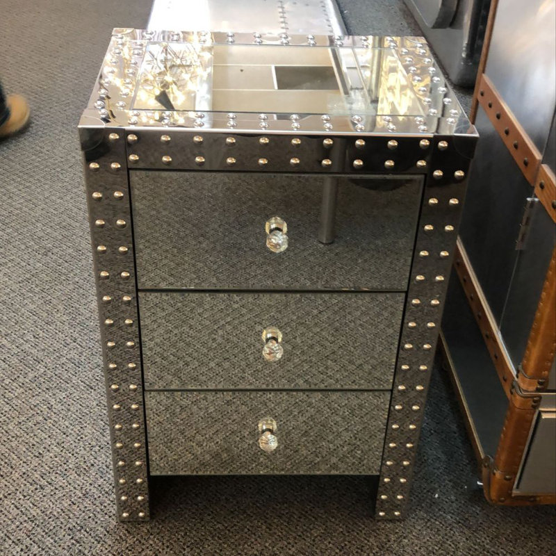 Aureline Mirrored 3-Drawer Nightstand with Studded Stainless Steel Frame