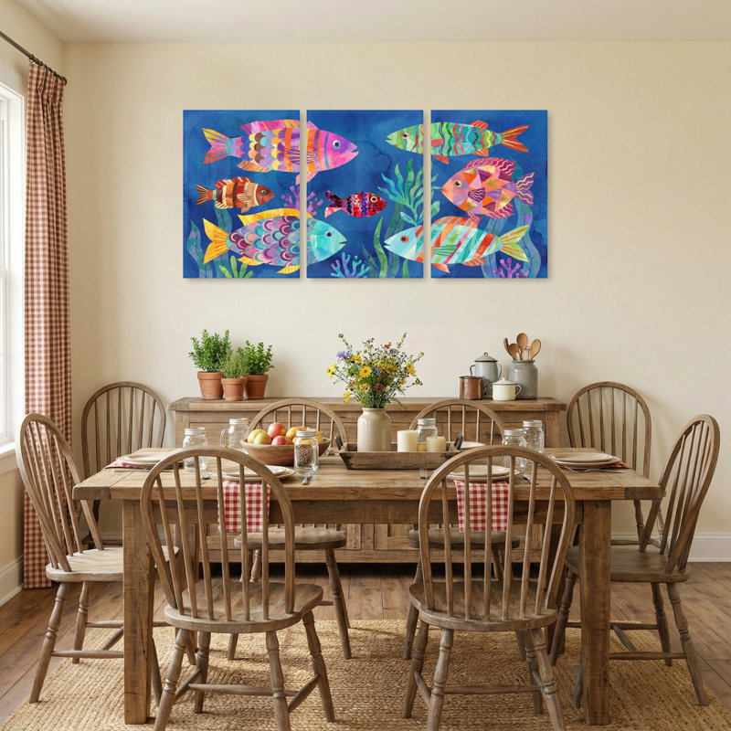 Animals Colorful Fish Underwater Art Pattern Print Set of 3 Canvas Wall Art Prints, 36" H x 72" W
