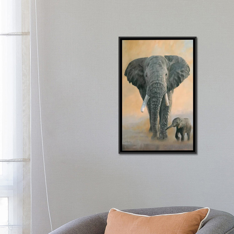 «Elephant and Baby» par David Stribble - impression sur toile tendue, H 48 po x l 32 po x P 1,5 po, Toile encadrée noire