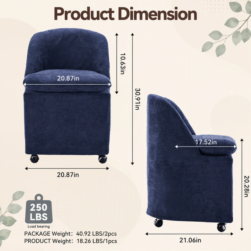 Ensemble de deux chaises de salle à manger en tissu chenille avec roues universelles pour un mouvement sans effort et une assise confortable dans n'importe quel espace intérieur