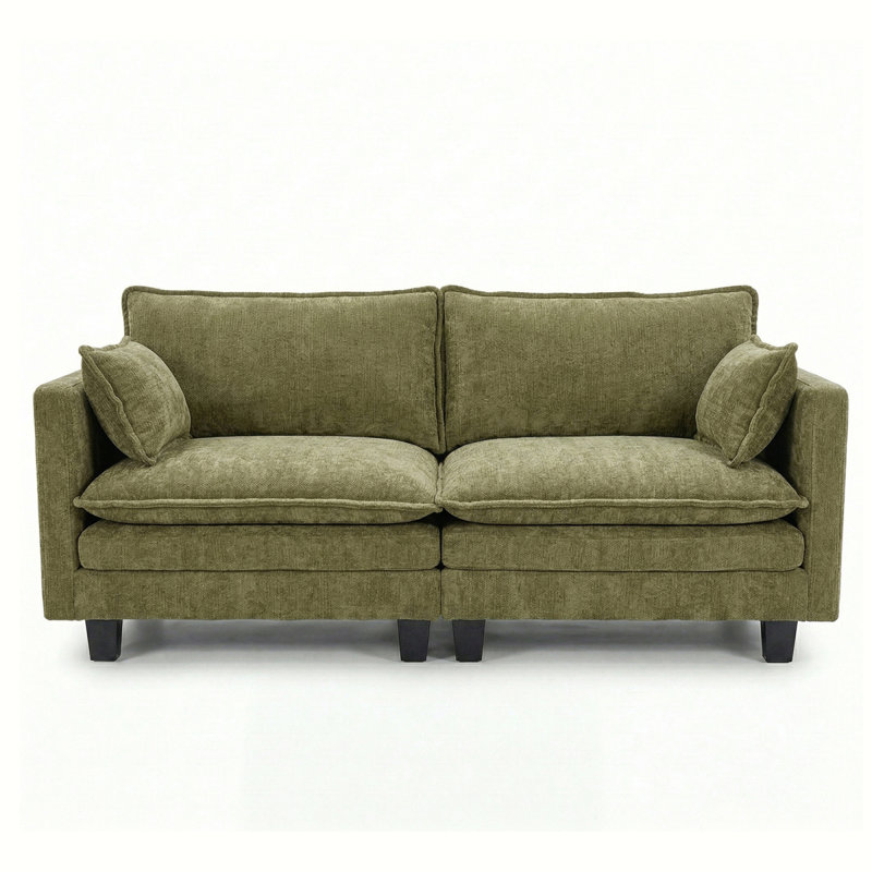 Canapé moderne en chenille vert moderne, canapé compact à 2 places avec deux ports de chargement USB et poches latérales, petit canapé pour chambre, bureau, appartement.