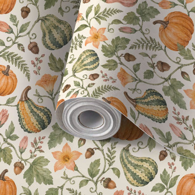 Papier peint adhésif amovible à motif citrouilles, courges et fleurs d'automne. Revêtement mural décoratif, idéal pour les locataires et facile à poser soi-même. Parfait pour la chambre, le salon, la cuisine, la salle de bain ou un mur d'accent.
