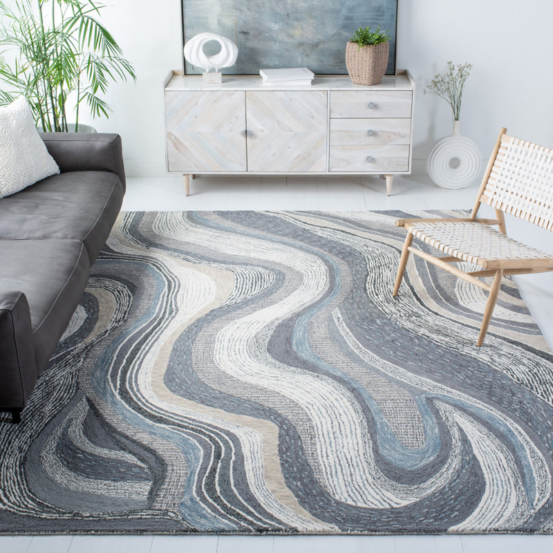 Tapis gris / ivoire en laine touffeté à la main à motif abstrait Albrey, Rectangle 4 pi x 6 pi