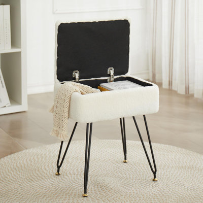Stool Chair, Faux Teddy Fur Ottoman Foot Stool With Metal Legs & Adjustable Black Feet, Flip Top Storage Makeup Chair With Soft Padded Seat, Foot Rest For Makeup Room Bedroom, White