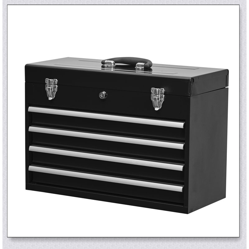 Boîte à outils en métal durable avec 4 tiroirs, coffre à outils en acier portable avec serrure et loquet, thermolaqué pour la longévité - noir