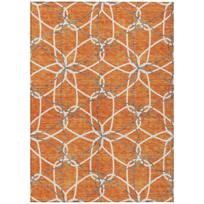 9' X 12' Orange And Ivory Geometric Washable Indoor Outdoor Area Rug