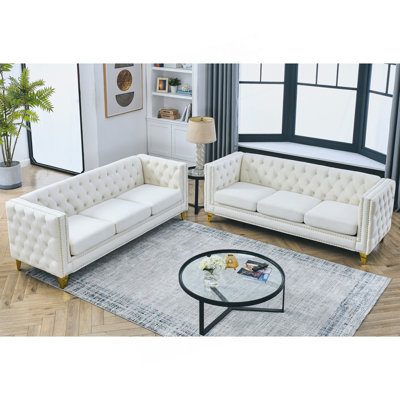 Button Tufted Sofa With Square Arm, 2Pcs Modern Couch, Living Room Sofa