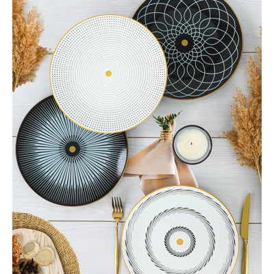 Ensemble de 4 assiettes élégantes, blanc et noir, 9,8 x 9,8 x 1,5 pouces | 100% céramique, antibactérien et résistant aux chocs thermiques | Va au lave-vaisselle et au micro-ondes | Facile à nettoyer, parfait pour les repas et les réceptions