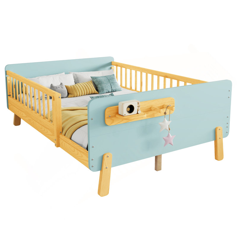 Lit double pour enfants, lit plateforme double en bois avec tête et pied de lit, Lit double, Bleu