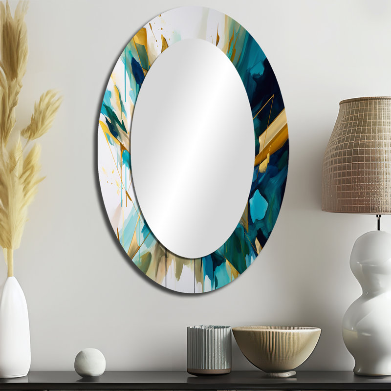 Golden Explosion Triangles VII - Grand miroir mural ovale sur métal, 36 po x 24 po