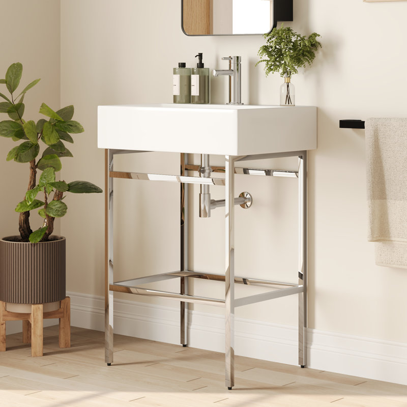 Silver Ceramic Wall-Mount Console Bathroom Sink with Stainless Steel Bracket