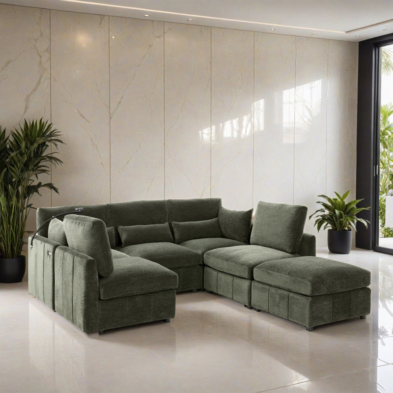 Canapé-lit modulaire 6 pièces pour salon, Chenille verte