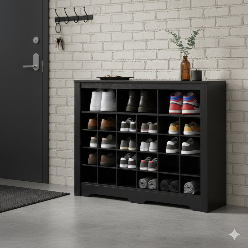 Élégante console de rangement à 24 casiers, armoire à chaussures moderne avec base incurvée, buffet polyvalent de haute qualité pour les couloirs, les chambres à coucher, les salons, finition noire