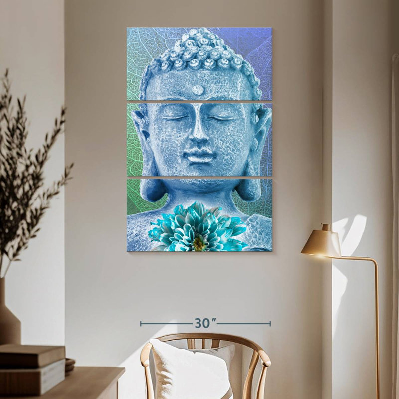 Bouddha turquoise 3 pièces, H 65 po x l 42 po x P 1,25 po