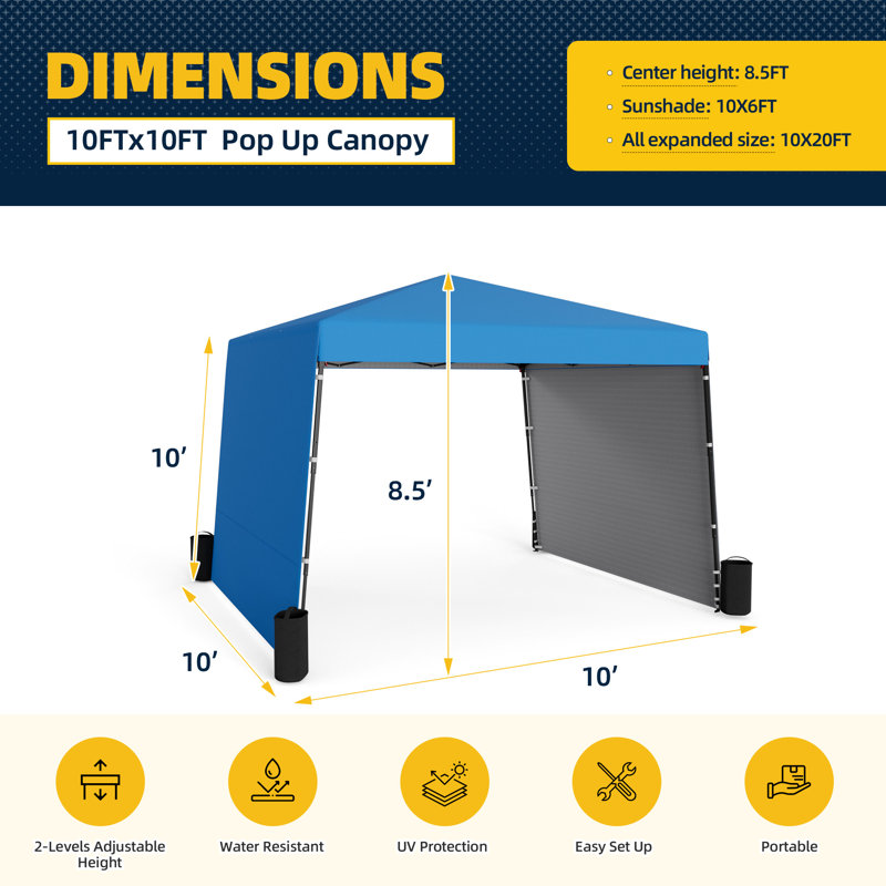 10x10 Ft  Pop Up Canopy Tent With 2 Sidewalls, Waterproof Sun Shade Tent For Commercial Events, Markets, And Backyard Gatherings