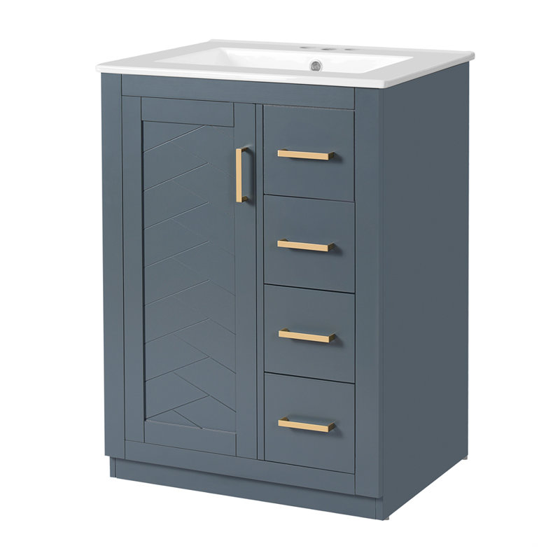 Armoire de meuble-lavabo 24 po avec 1 porte, 3 tiroirs et un seul lavabo, Bleu