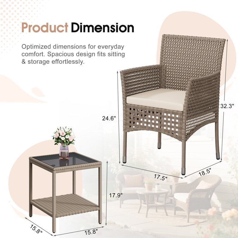 3-Piece Patio Bistro Set with Side Table & Cushions, Brown